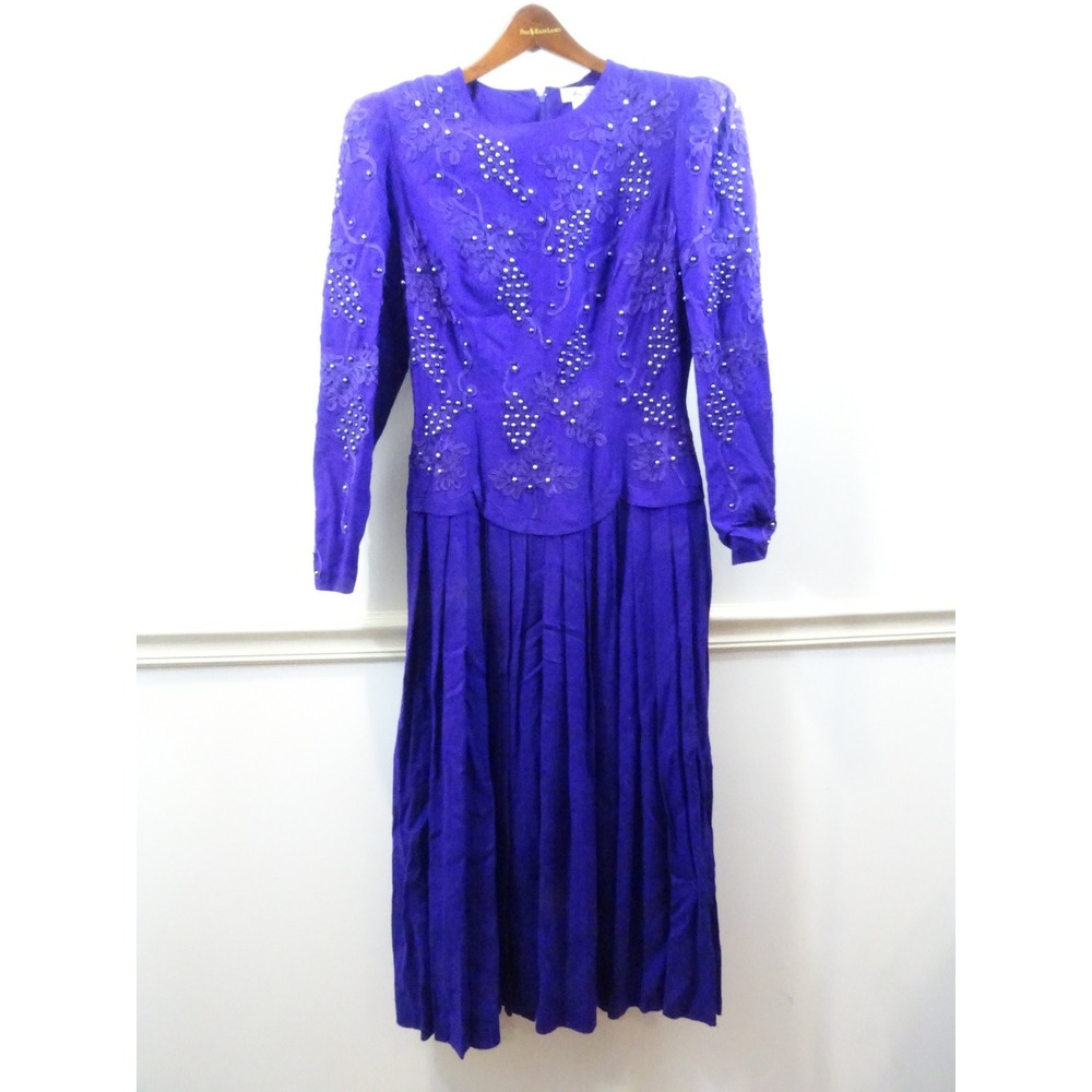 Marie St. Claire Vintage Purple Soutache Pearl Embellished Pleated Midi Dress 10